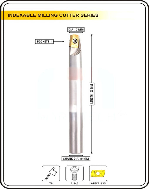 Indexable Insert Endmill 10MM II  Single POCKET II 10 Pcs APMT1135 Carbide Inserts Free
