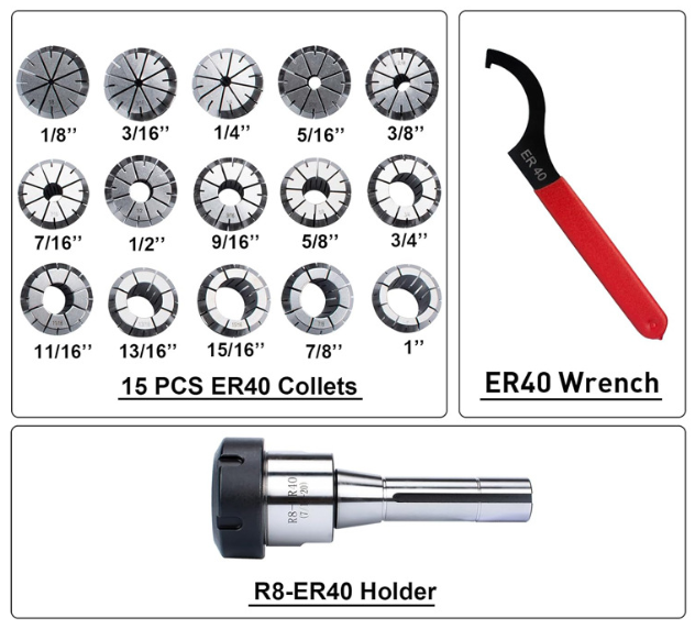 Buyohlic 15 Pc ER40 Precision Collet Set with R8 Bridgeport Shank Holder & Wrench Milling & Drilling