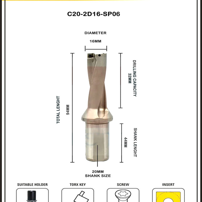 Indexable Insert U Drill 16 MM II Weldon Shank II Through Coolant II 10 pcs Carbide Inserts FREE