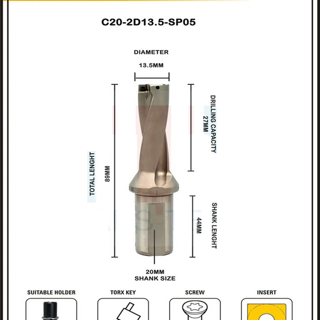 Indexable Insert U Drill 13.5 MM II Weldon Shank II Through Coolant II 10 pcs Carbide Inserts FREE