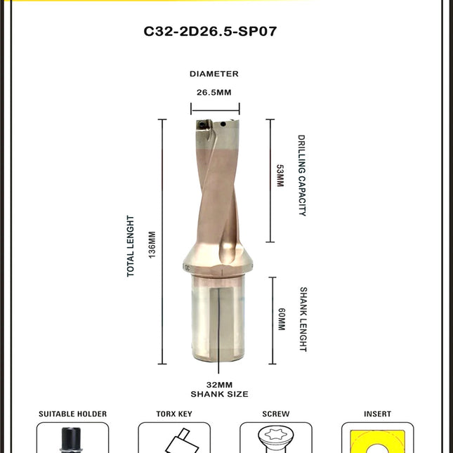 Indexable Insert U Drill 26.5 MM II Weldon Shank II Through Coolant II 10 pcs Carbide Inserts FREE