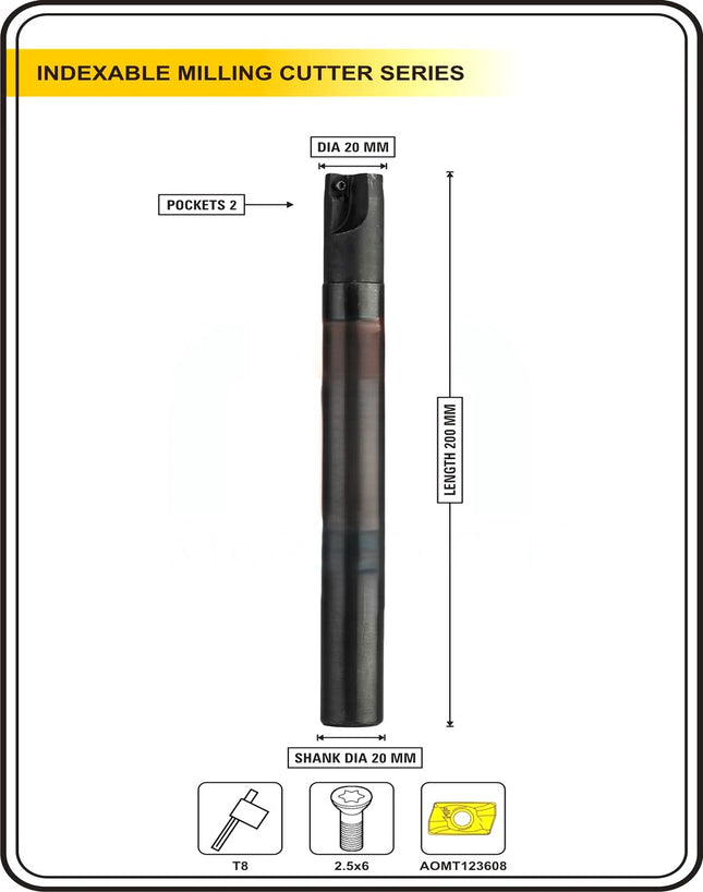 Indexable Insert Endmill 20MM II 2 Pocket II 10 Pcs AOMT123608 Carbide Inserts Free