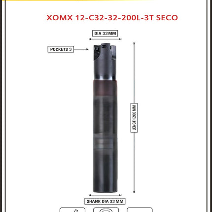 Diameter 32 mm I Shank 25 mm ~ Indexable Insert Endmill 200 Length II 10 Pcs XOMX1204 Carbide Inserts Free
