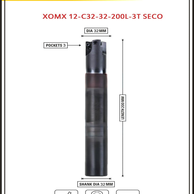 Diameter 32 mm I Shank 25 mm ~ Indexable Insert Endmill 200 Length II 10 Pcs XOMX1204 Carbide Inserts Free