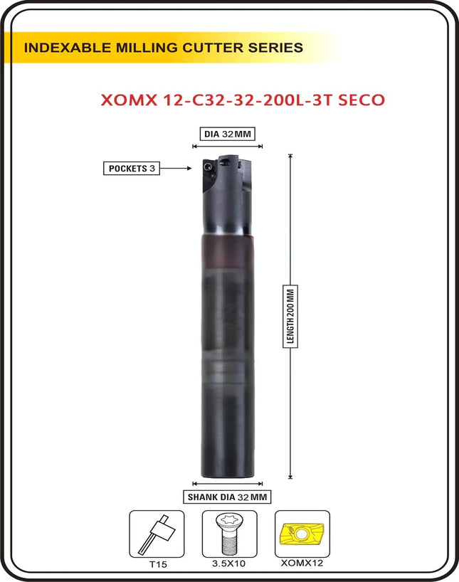 Diameter 32 mm I Shank 25 mm ~ Indexable Insert Endmill 200 Length II 10 Pcs XOMX1204 Carbide Inserts Free