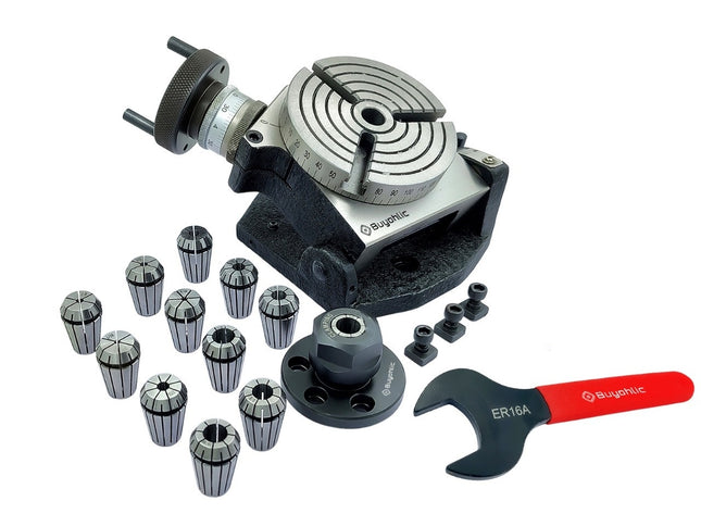 4" | 100mm Tilting 3 slot Rotary table with ER Adopter & T-nuts with Spanner