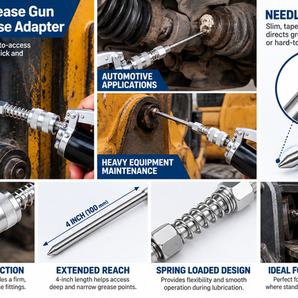 Needle Nose Grease Gun Adapter 4''-1/8'' Inch NPT Long Reach Grease Fitting Extension with Standard & Wide