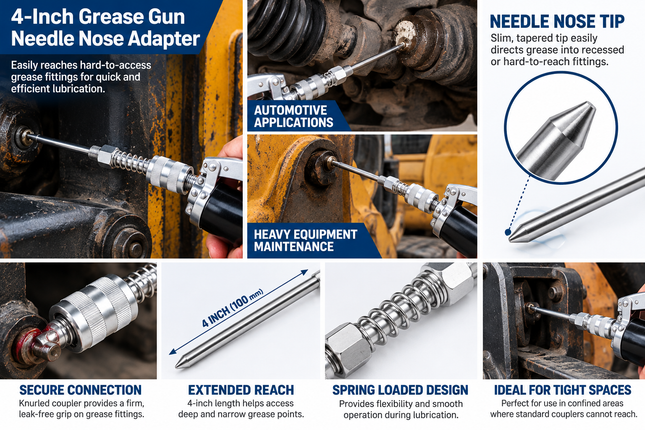 Needle Nose Grease Gun Adapter 4''-1/8'' Inch NPT Long Reach Grease Fitting Extension with Standard & Wide