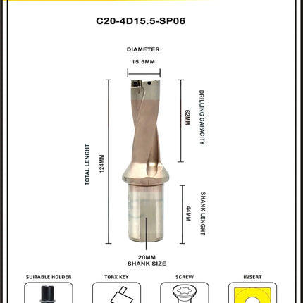 Indexable Insert U Drill 15.5 MM II Weldon Shank II Through Coolant II 10 pcs Carbide Inserts FREE