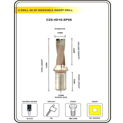 Indexable Insert U Drill 16 MM II Weldon Shank II Through Coolant II 10 pcs Carbide Inserts FREE
