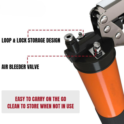 Heavy Duty Pistol Grip Grease Gun Kit | Loop & Lock Storage | 14oz Load Capacity | 18" Flex Hose | 1 Lock Coupler | 1 90 Degree Grease Coupler | 1 Basic Coupler