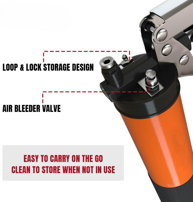 Heavy Duty Pistol Grip Grease Gun Kit | Loop & Lock Storage | 14oz Load Capacity | 18" Flex Hose | 1 Lock Coupler | 1 90 Degree Grease Coupler | 1 Basic Coupler