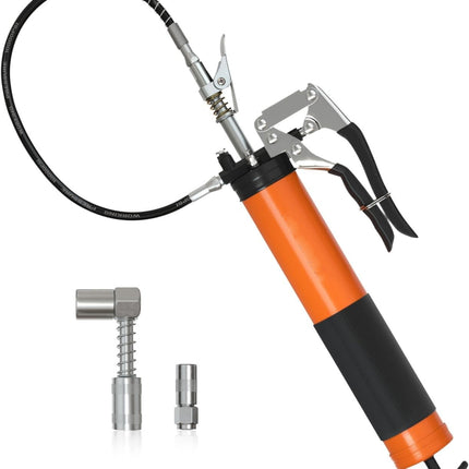 Heavy Duty Pistol Grip Grease Gun Kit | Loop & Lock Storage | 14oz Load Capacity | 18" Flex Hose | 1 Lock Coupler | 1 90 Degree Grease Coupler | 1 Basic Coupler