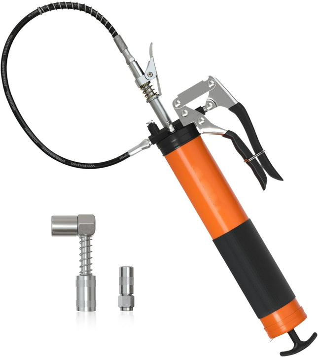 Heavy Duty Pistol Grip Grease Gun Kit | Loop & Lock Storage | 14oz Load Capacity | 18" Flex Hose | 1 Lock Coupler | 1 90 Degree Grease Coupler | 1 Basic Coupler