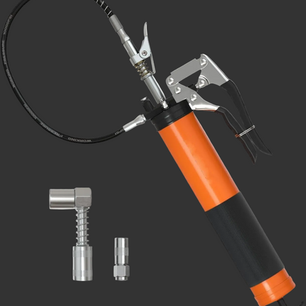 Heavy Duty Pistol Grip Grease Gun Kit | Loop & Lock Storage | 14oz Load Capacity | 18" Flex Hose | 1 Lock Coupler | 1 90 Degree Grease Coupler | 1 Basic Coupler