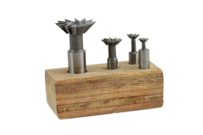 Dovetail Cutter High Speed Steel – 45° & 60° Angle Cutting Tool – Sizes 1-3/8", 3/4", 1/2", 3/8" & Set of 4 with Wooden Box