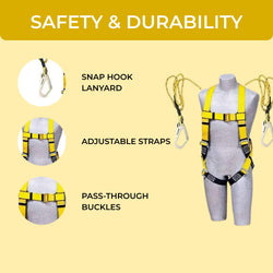 Climbing Harness Full Body Safety Belt (Double Snap Hook) Industrial Fall Arrest, Double Rope Lanyard for Construction, Tower, Height Work. Adjustable Free Size Electrician Gear