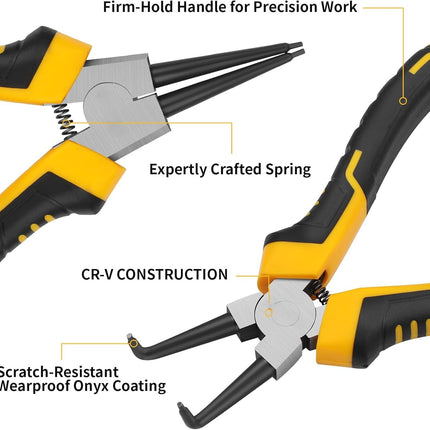 4-Piece Snap Ring Pliers Set - 7-Inch Internal/External Circlip Pliers Kit (Straight/Bent Jaw, 5/64" Tip) for Ring Removal, Heavy Duty Chrome Vanadium Steel with Storage Pouch