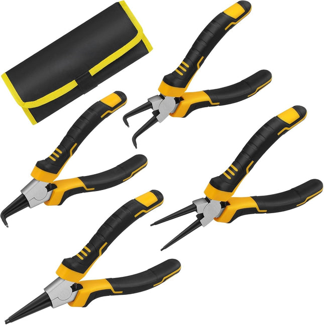 4-Piece Snap Ring Pliers Set - 7-Inch Internal/External Circlip Pliers Kit (Straight/Bent Jaw, 5/64" Tip) for Ring Removal, Heavy Duty Chrome Vanadium Steel with Storage Pouch