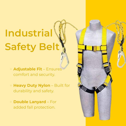 Climbing Harness Full Body Safety Belt (Double Snap Hook) Industrial Fall Arrest, Double Rope Lanyard for Construction, Tower, Height Work. Adjustable Free Size Electrician Gear