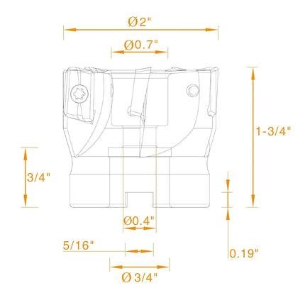 90 Degree Indexable Face Mill with 5 Pcs Carbide Inserts, 2" Cutting Diameter