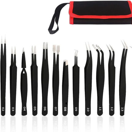 Precision Tweezers Set, ESD Anti-Static Stainless Steel Tweezers Set for Craft, Jewelry, Electronics, Laboratory Work (14 PCS)