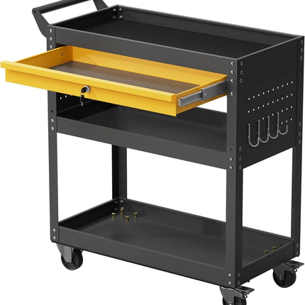 3-Tier Heavy Duty Rolling Tool Cart with Drawers & Pegboard – 440 lbs Capacity Steel Utility Cart on Wheels, Lockable Work Cart for Mechanic, Garage, Workshop