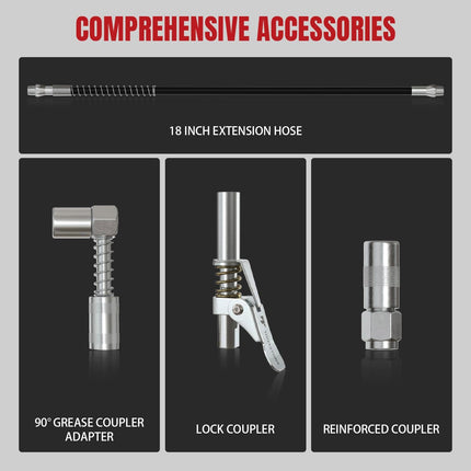 Heavy Duty Pistol Grip Grease Gun Kit | Loop & Lock Storage | 14oz Load Capacity | 18" Flex Hose | 1 Lock Coupler | 1 90 Degree Grease Coupler | 1 Basic Coupler