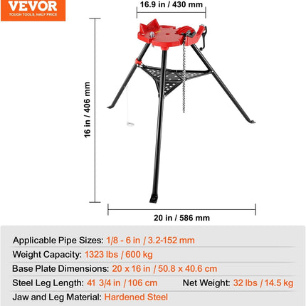 Mophorn 460-6 Tripod Pipe Chain Vise 1/8"-6" Capacity,Pipe Stand Portable Foldable Steel Legs,Pipe Jack Stands w/ Tool Tray, Tripod Stand Chain Vise Ideal for a Variety of Pipe Materials