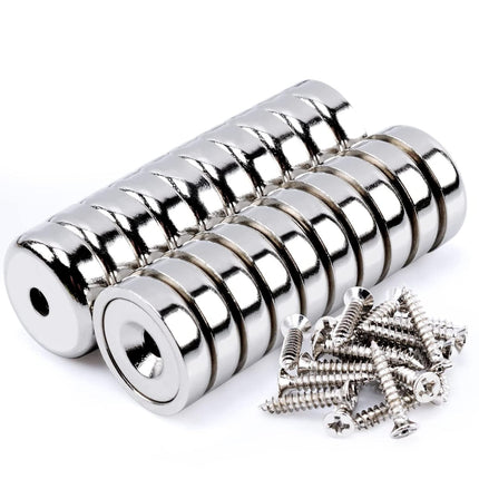 20Pcs Super Strong Round Base Cup Neodymium Magnets with Holes,0.63"(16mm) Ring Rare Earth Magnets Heavy Duty, Countersunk Holes Pot Magnet with Screw for Kitchen Craft Wood DIY Holding Tools Hanging