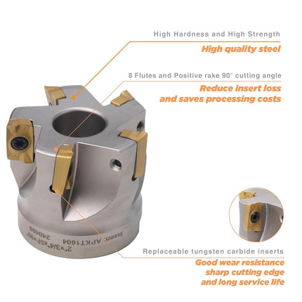 90 Degree Indexable Face Mill with 5 Pcs Carbide Inserts, 2" Cutting Diameter