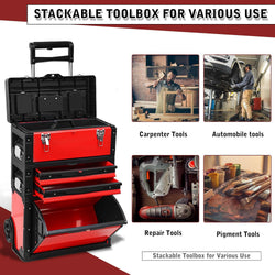 Stackable Rolling Tool Box Portable Metal Tool Chest with Wheels and Drawers 28.35 x 20.47 x 12.6 Inch Trolley Toolbox Organizer 3 Tier Red Upright Tool Bin for Garage or Workshop