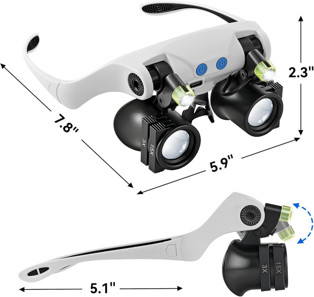 Magnifying Glasses with LED Light, Hands Free Magnifier with 14 Interchangeable Lenses 3X 4X 5X 6X 7X 10X 15X, Magnifying Glasses for Close Work, Crafts, Jewelry, Sewing, Electronics Repair