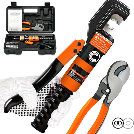 10 Ton Hydraulic Battery Cable Crimper with 9 Dies - Hydraulic Crimper Tool with Dual-Blade Weir Cutter & Spring-Loaded Handle Crimper Kit for 12-2/0 AWG, 1/8" Stainless Steel Railing