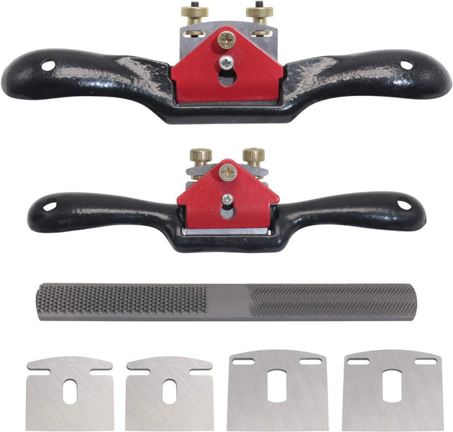 2pcs 9" 10" Adjustable Spokeshave with Flat Base, 4pcs Replacement Blades and 4-Way Rasp File, Spokeshave Woodworking Tool, Perfect for Wood Craft, Planing Trimming, Deburring Tools
