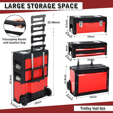 Stackable Rolling Tool Box Portable Metal Tool Chest with Wheels and Drawers 28.35 x 20.47 x 12.6 Inch Trolley Toolbox Organizer 3 Tier Red Upright Tool Bin for Garage or Workshop