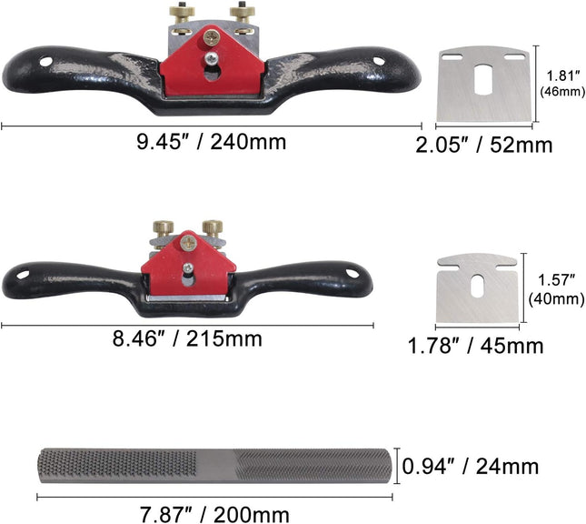 2pcs 9" 10" Adjustable Spokeshave with Flat Base, 4pcs Replacement Blades and 4-Way Rasp File, Spokeshave Woodworking Tool, Perfect for Wood Craft, Planing Trimming, Deburring Tools