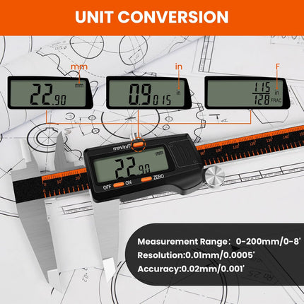 Digital Caliper, 0-8 Inch Measuring Tool Large LCD Screen, Stainless Steel, Auto-Off, Inch / Fractions/Millimeter Waterproof Caliper Digital Micrometer for DIY/Household/3D Printing