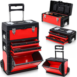 Stackable Rolling Tool Box Portable Metal Tool Chest with Wheels and Drawers 28.35 x 20.47 x 12.6 Inch Trolley Toolbox Organizer 3 Tier Red Upright Tool Bin for Garage or Workshop