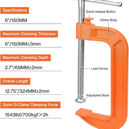 6 Inch Quick Release C Clamp with Button, Heavy Duty 700kgf Cast Iron G Clamp for Woodworking and Welding
