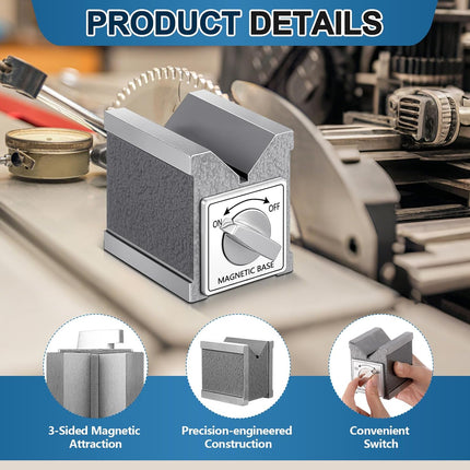 Magnetic V Block with Switch 2.875" High 2.36'' Wide by 3.5'' Deep MVB 3 Sides V Block for Mechanical Calibration Technical Measurement Machining Workpiece Measurement Equipment Calibration