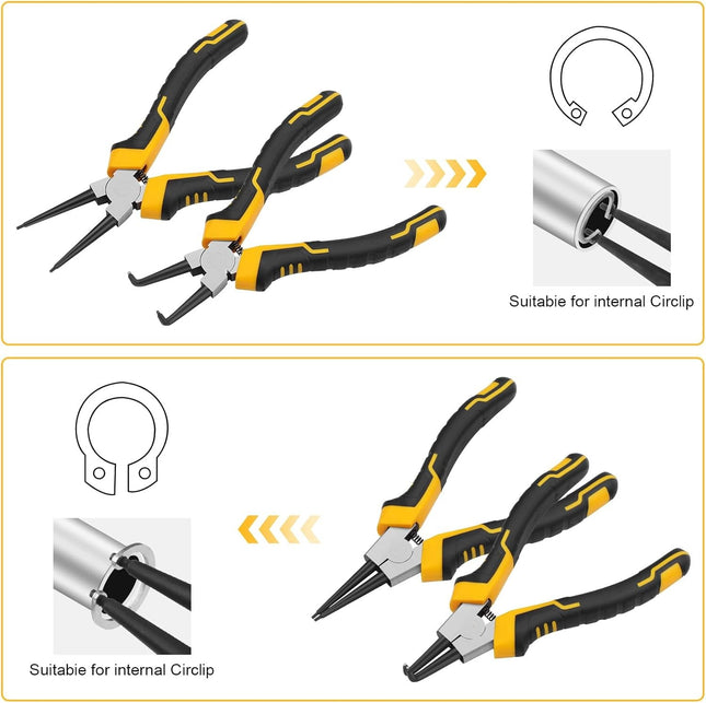 4-Piece Snap Ring Pliers Set - 7-Inch Internal/External Circlip Pliers Kit (Straight/Bent Jaw, 5/64" Tip) for Ring Removal, Heavy Duty Chrome Vanadium Steel with Storage Pouch