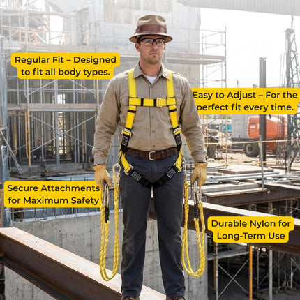 Climbing Harness Full Body Safety Belt (Double Snap Hook) Industrial Fall Arrest, Double Rope Lanyard for Construction, Tower, Height Work. Adjustable Free Size Electrician Gear