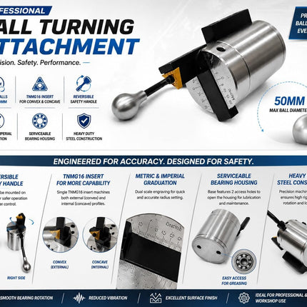 Precision Lathe Ball Turning Attachment | Up to 60mm Radius | Heavy-Duty Steel Body | TNMG16 Carbide Insert Included | Metric & Imperial Markings | Reversible Safety Handle