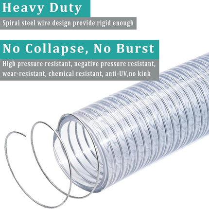 Flexible Hose 1 1/2" id - 25ft Clear PVC Spiral Steel Wire Reinforced Vinyl Tubing 1.5 inch Plastic Vacuum Pipe Flex Suction Hose for Dust Collection Boat Marine Pump, Drain Water Fuel Gas