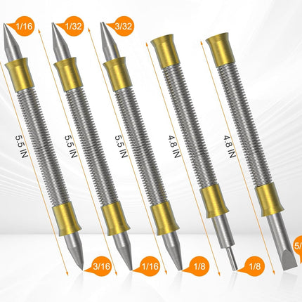 5 Pcs Nail Setter Punch Set, Dual Head Spring Nail Set & Center Punch Tool, Hinge Pin Removing Punch (1/8"), Cold Chisel (5/16"), Nail Setter Sizes 1/32", 1/16", 3/32", 1/8", Center Punch 1/8", 3/16"