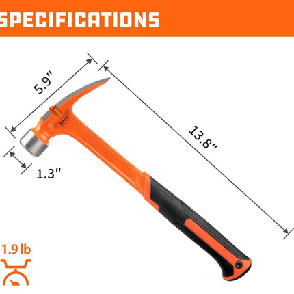 20 oz Straight Claw Hammer with Magnetic Nail Holder, Rip Claw Hammer with Milled Face, Side Nail Puller, Shock Absorbing Grip, Heavy Duty One-piece Forged Hammer