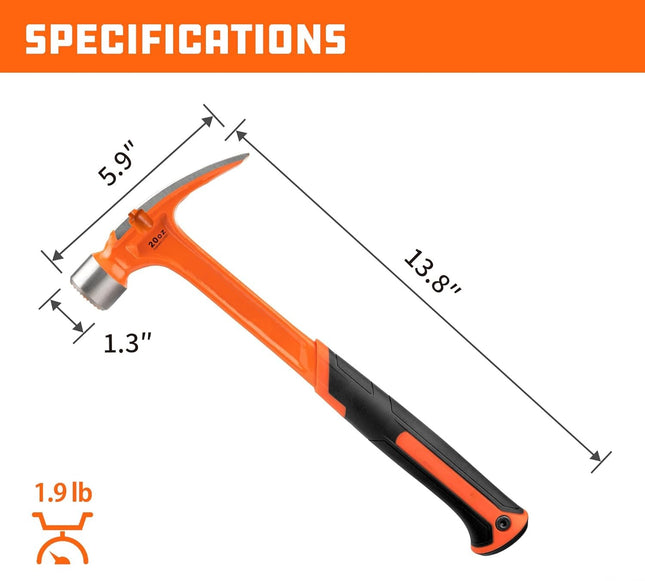 20 oz Straight Claw Hammer with Magnetic Nail Holder, Rip Claw Hammer with Milled Face, Side Nail Puller, Shock Absorbing Grip, Heavy Duty One-piece Forged Hammer