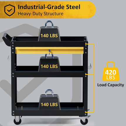 3-Tier Heavy Duty Rolling Tool Cart with Drawers & Pegboard – 440 lbs Capacity Steel Utility Cart on Wheels, Lockable Work Cart for Mechanic, Garage, Workshop