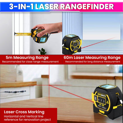 Buyohlic 3-in-1 Laser Tape Measure 196 Ft Rechargeable Laser Measurement Tool & 16Ft Measuring Tape Movable Magnetic Hook Pythagorean Mode, Measure Distance, Area and Volume